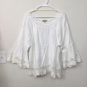DEMOCRACY Coquette Cottagecore Blouse White Crochet Embroidered Summer Sz L